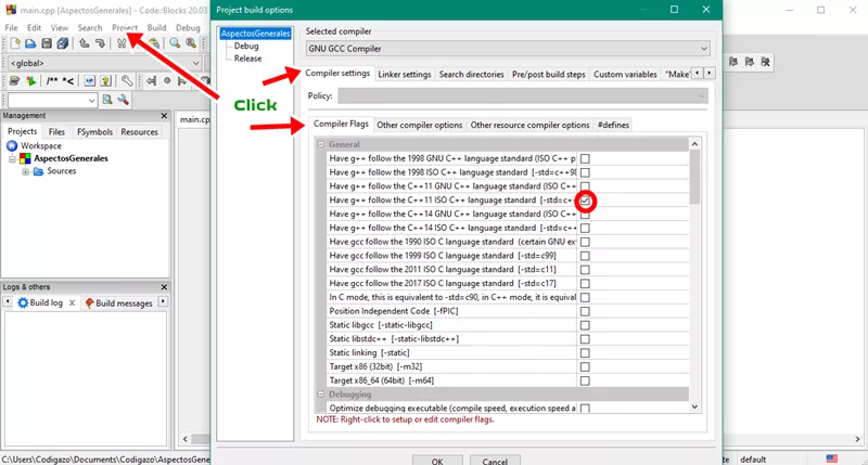 Captura de pantalla C++ 11 para Code blocks