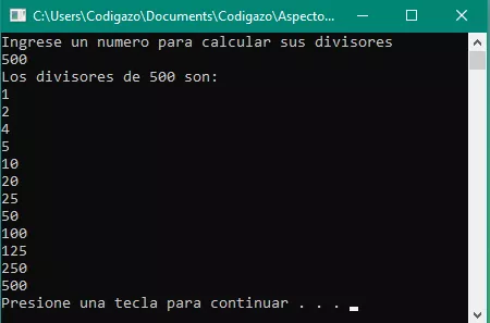 Código compilado de calculo de divisores en C++