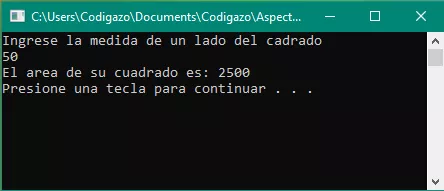 Ejemplo de codigo para calcular area de un cuadrado