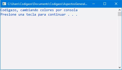 Ejemplo de cambio de color de texto y fondo en C++, colores blanco y azul