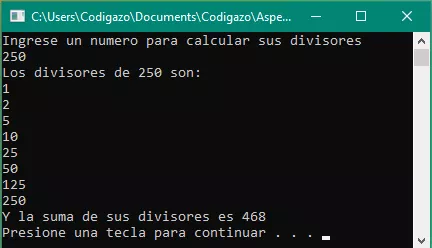 Ejemplo compilado de suma de divisores en C++